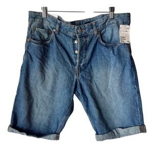 HM Denim Mens Slim Fit Shorts Blue Low Waist‎ Button Fly Size 34 New